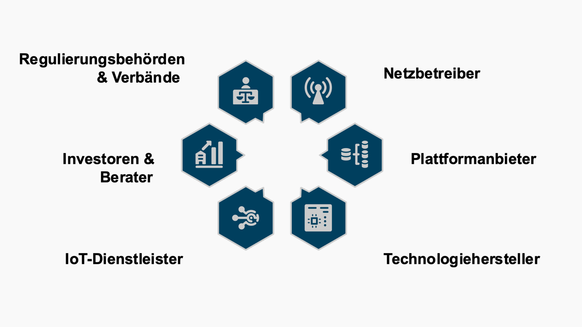 Regulierungsbehörden &Verbände, Netzbetreiber, Plattformanbieter, Technologiehersteller, IoT-Dienstleister, Investoren & Berater